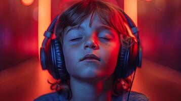 AI Generated In neon light, a young boy in headphones listens to music in studio shot. Portrait of a boy with headphones isolated over a red and purple background. photo