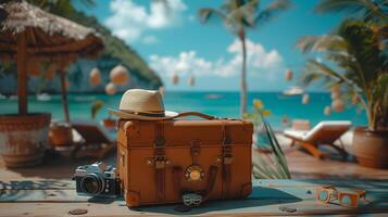 AI Generated This summer holiday traveling concept design banner with copyspace has a vintage suitcase, a hipster hat, a photo camera and passport on a wooden deck with a tropical sea, beach and palm