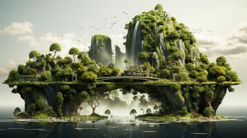 AI Generated This is a floating island with water, trees, green grass, and a river. It is isolated on a white background. It is surreal and surrealistic. photo