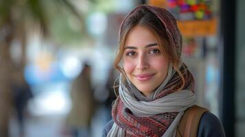 AI Generated Middle Eastern Student with Smartphone and Workbooks Standing Outside, Happy Young Female Walking in City After College Classes, Smiling And Looking Away, Copy Space photo