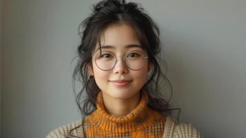 AI Generated A young Asian woman standing over a white background with a digital tablet and wearing glasses is shown smiling and holding it. photo