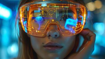 AI Generated Women holding futuristic tablets as a girl in virtual reality glasses presses a start button. Future technology, artificial intelligence concept. Holographic interface displaying data photo