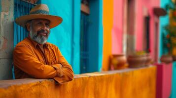 ai generado un mexicano hombre visitas el vibrante histórico centrar de guanajuato. foto