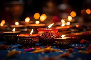 AI Generated Happy Diwali - Diya lamps lit during celebration photo