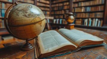 AI Generated Vintage background with a globe lying on an open book against a library's shelves. Retro style. Science, education, travel, vintage background. Education history and geography class. photo