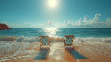 AI Generated Imaginative tropical landscape. Chairs on the sand beach near the sea. Summer vacation concept. photo