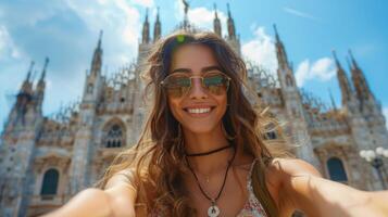 ai generado dos turistas disfrutando un romántico verano vacaciones en Italia a el duomo catedral en Milán, Lombardia - concepto para Días festivos y de viaje estilos de vida foto