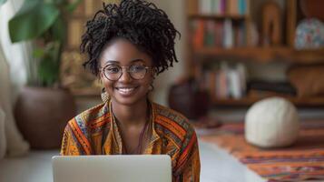 AI Generated With a laptop on the floor, a young African American woman smiles and sits on the ground with glasses photo
