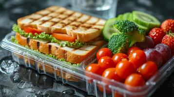 ai generado sándwiches, frutas, y agua en colegio loncheras. foto