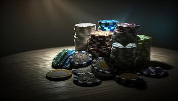 AI Generated Poker chips.Web banner for game design, flyer, poster, banner, online casino advertising. AI photo