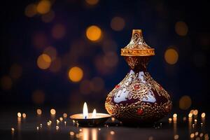 AI Generated Colorful Diya lamps lit during Diwali celebration photo