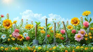 AI Generated illustration of a spring landscape with garden tools photo