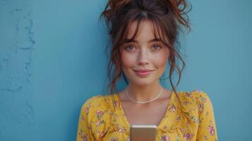 AI Generated Young curious smiling happy pretty latin woman holding mobile phone, using apps on cell phone and looking aside at copy space on blue background, holding phone and doing online shopping. photo