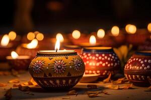 AI Generated Colorful clay diya lamps lit during diwali celebration photo