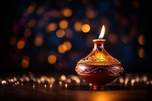 ai generado vistoso diya lamparas iluminado durante diwali celebracion foto