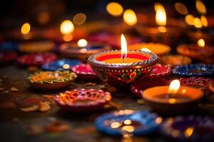 AI Generated Happy Diwali - Diya oil lamps lit during celebration photo