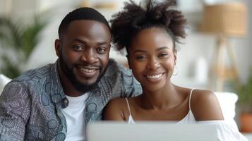 AI Generated A happy business couple looking at a laptop computer isolated on a white background photo