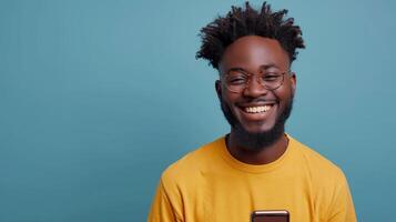 AI Generated Millennial African American man wearing casual clothes and glasses and using a modern cellphone, biracial male client excited with new smartphone app. photo