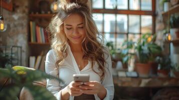 AI Generated Hispanic businesswoman in formal attire using mobile phones and reading news while working in her office. photo