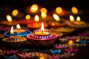 AI Generated Happy Diwali - Colorful clay diya lamps lit during diwali celebration with copy space photo