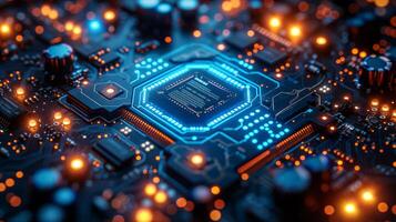 AI Generated AI. Circuit board. Technology background. Central Computer Processors CPU concept. Motherboard digital chip. Tech science background. Integrated communication processor. 3D illustration photo