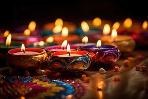 AI Generated Happy Diwali - Colorful clay diya lamps lit during diwali celebration with copy space photo