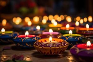 AI Generated Colorful clay diya lamps lit during diwali celebration photo