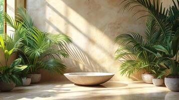 AI Generated The background of an empty square podium for cosmetic product presentation is a pale beige, with shadows, tropical palm leaves, and light. Podium, stage pedestal platform for cosmetic photo