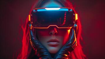 AI Generated Virtual reality glasses wearing girl. Augmented reality game, future technology, AI concept. VR. Neon blue and red light. Dark background. photo