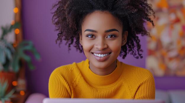 AI Generated African black ethnic woman holding laptop computer looking at camera isolated on lilac violet mauve studio background. Remote job concept and online learning. photo