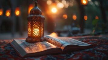 AI Generated Lighted lantern and Holy Quran for Ramadan kareem photo