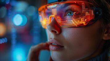 AI Generated An electronic tablet in the hands of a woman. A girl wearing glasses of virtual reality presses a start button. Holographic interface to display data. Dark background. Augmented reality photo