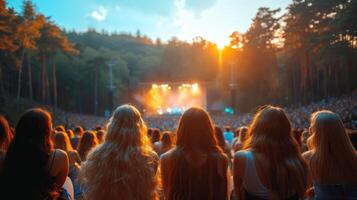 AI Generated In front of the stage, female friends watch a concert in the park in the open. photo