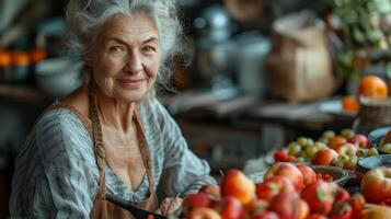 AI Generated An image of a senior woman eating a fruit salad and apple in her kitchen. Food and cooking with a happy female pensioner relaxing to eat healthy food. photo