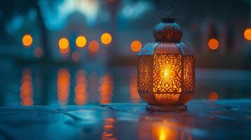 AI Generated The Muslim holy month of Ramadan Kareem is marked with an ornamental Arabic lantern illuminated by a burning candle photo