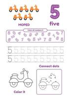 Learn number 5 for preschool kids. Many games on one page. Color, dot to dot, trace vector