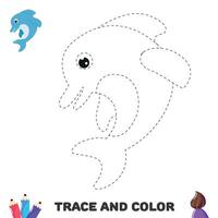 Trace dolphin. Coloring educational worksheet for kids. Activity page vector