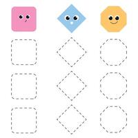 Handwriting practice for kids.  Trace worksheet with shapes. Rounded square, rhombus, octagon vector
