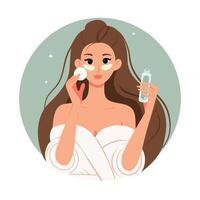 Woman skincare beauty daily routine. Young girl with cotton pad and toner clean face. Flat vector