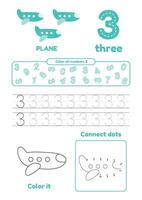 Learn number 3 for preschool kids. Many games on one page. Color, dot to dot, trace vector