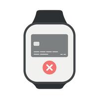 Credit card icon with rejected payment check mark on smart watch screen. Vector