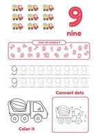 Learn number 9 for preschool kids. Many games on one page. Color, dot to dot, trace vector