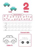 Learn number 2 for preschool kids. Many games on one page. Color, dot to dot, trace vector