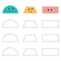 Handwriting practice for kids.  Trace worksheet with shapes. Semicircle, trapeze and rectangle vector