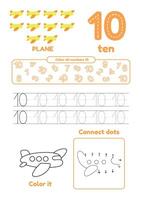 Learn number 10 for preschool kids. Many games on one page. Color, dot to dot, trace vector