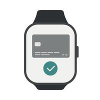 Credit card icon with accepted payment.  Approval check mark on rectangle smart watch screen. Vector