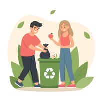 Family recycle organic garbage, collecting waste, throw trash garbage bag into a street bin container with recycling sign. vector