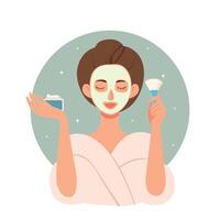 Girl with mask on face. Daily beauty care routine. Cream bottle and brush in hand vector