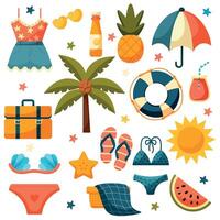 Summer Set of cartoon elements. Tropical vacations. Collection of hand drawn beach objects vector