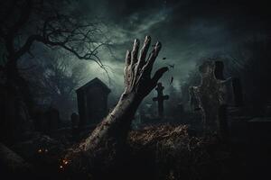 AI Generated Halloween Concept. A zombie hand rising from the ground photo